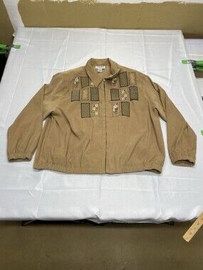 Alfred Dunner Petite Tan Embroidered Zip-Up Jacket & Matching Elastic Pants Set